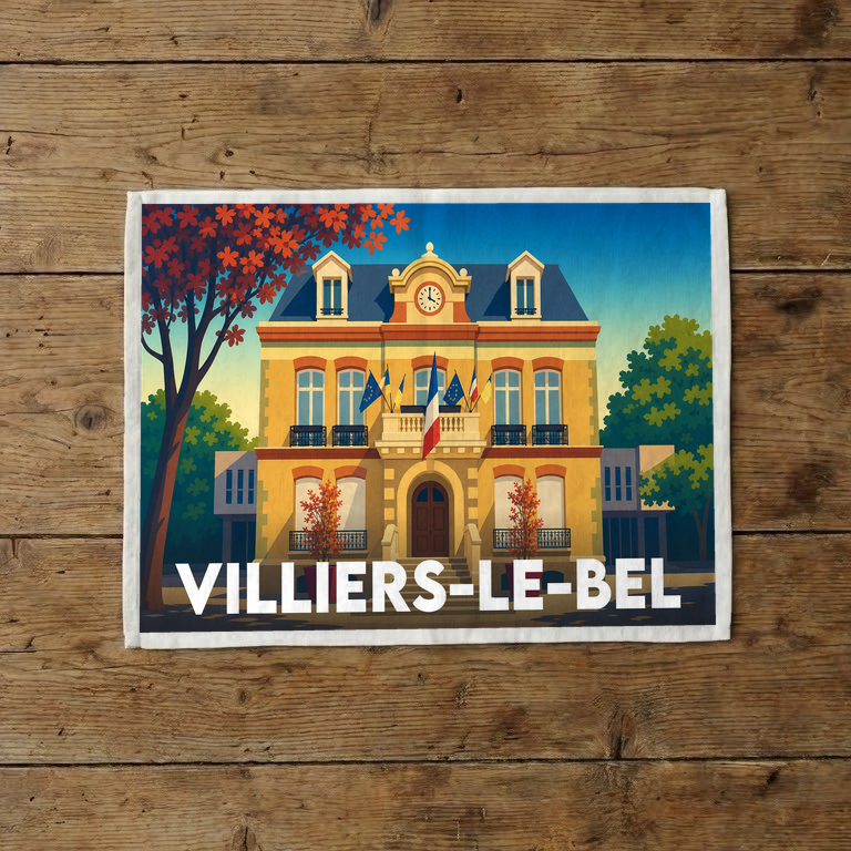 Torchon souvenir de la ville de Villiers-le-Bel avec une illustration stylisée de l'hôtel de ville.