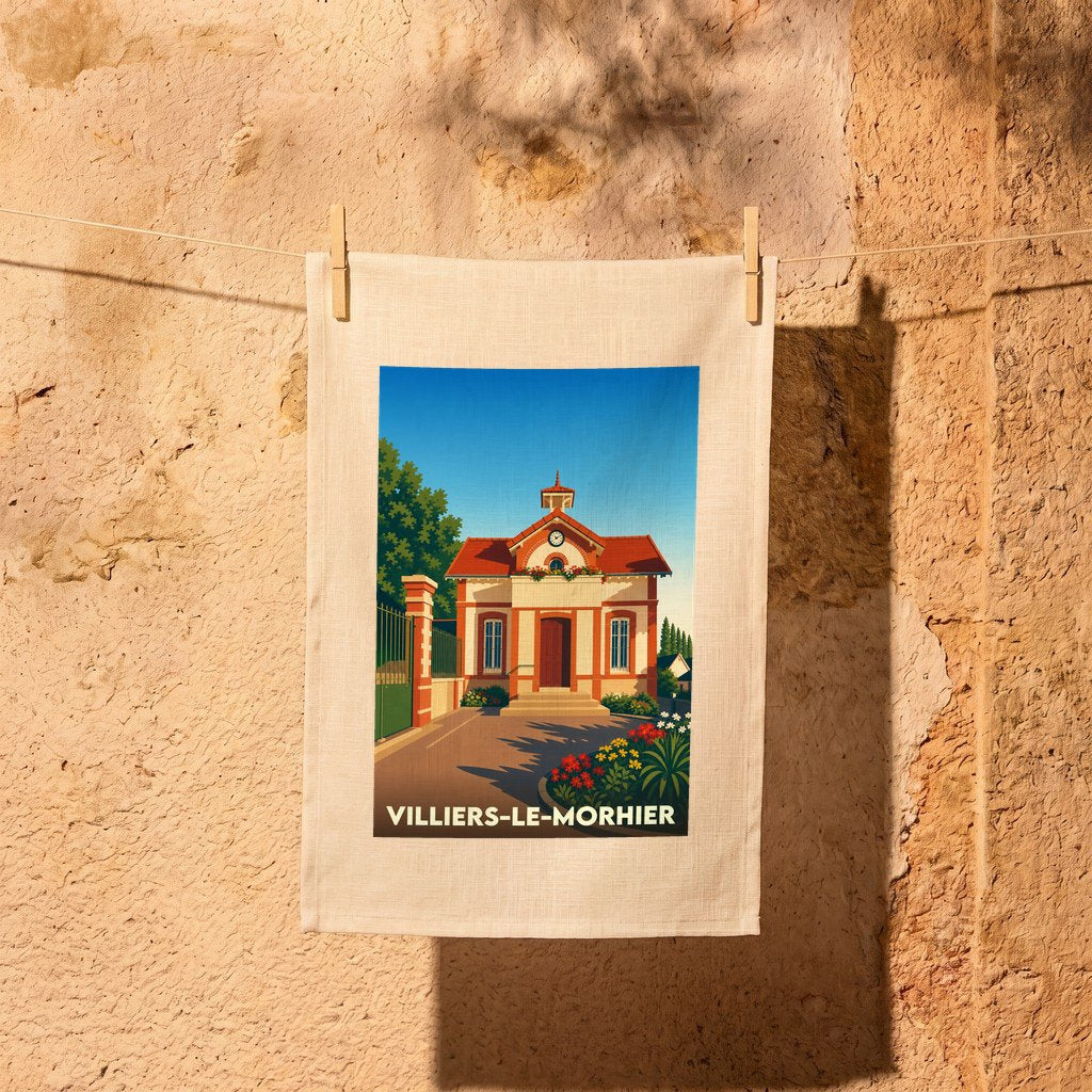 Torchon souvenir de la ville de Villiers-le-Morhier avec une illustration stylisée de sa mairie.