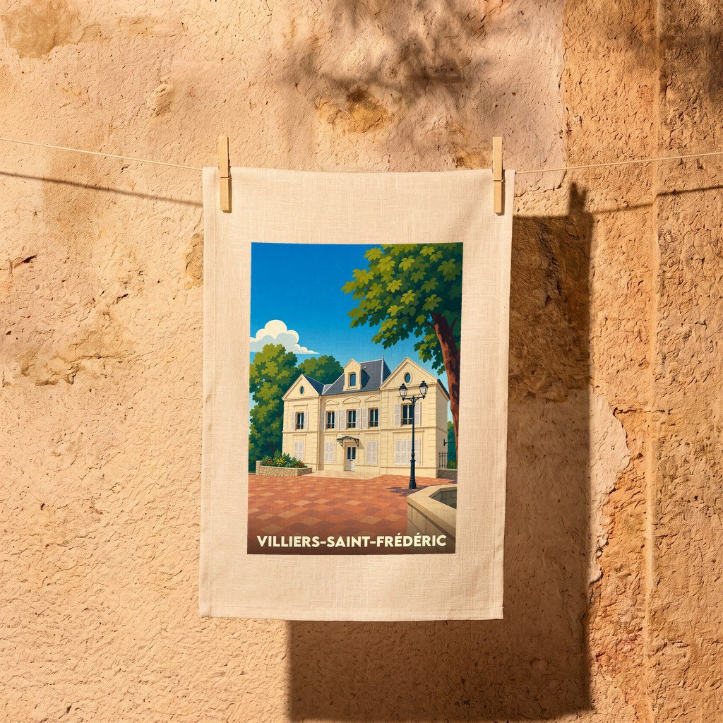 Torchon souvenir de la ville de Villiers-Saint-Frédéric avec une illustration stylisée.