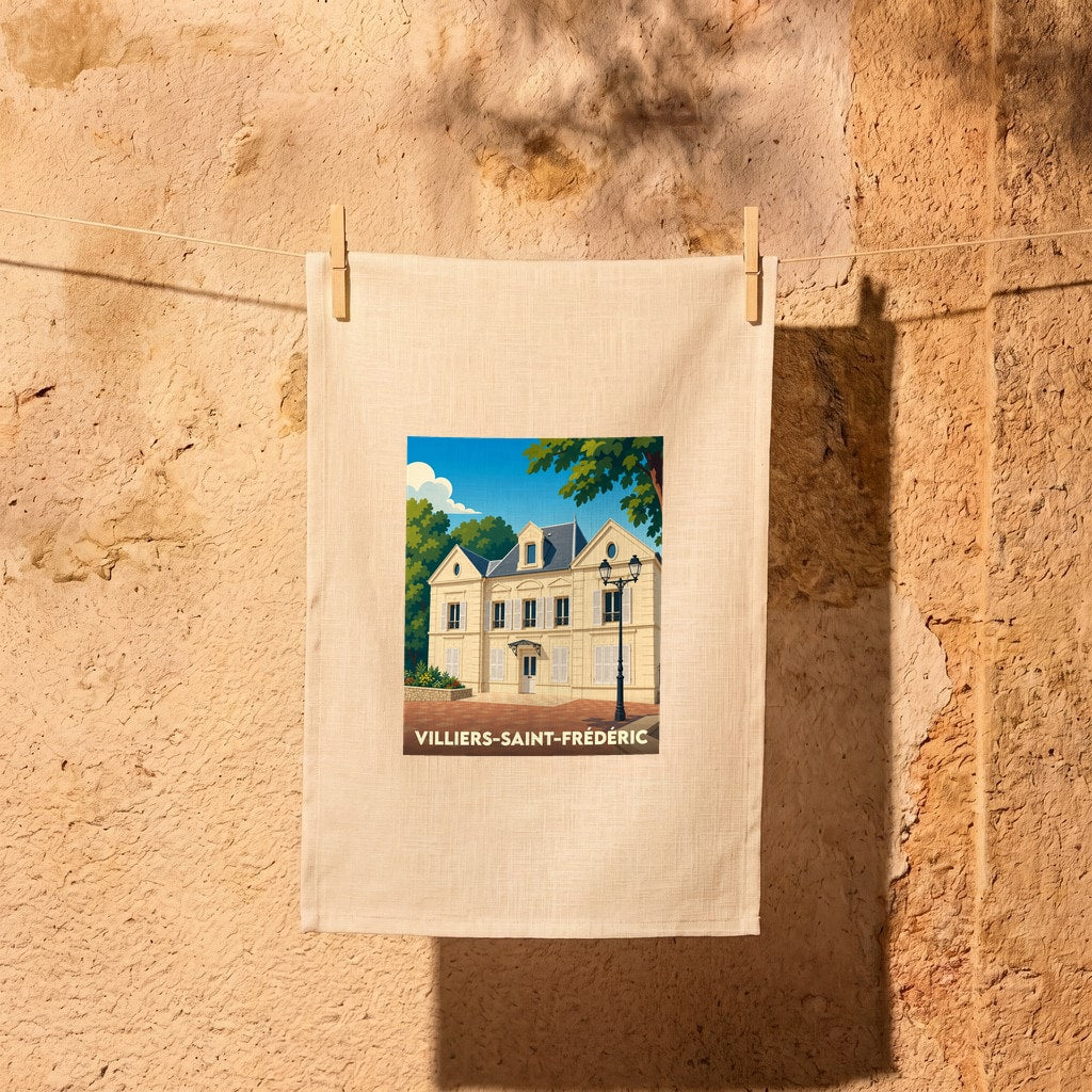 Torchon souvenir de la ville de Villiers-Saint-Frédéric avec une illustration stylisée.