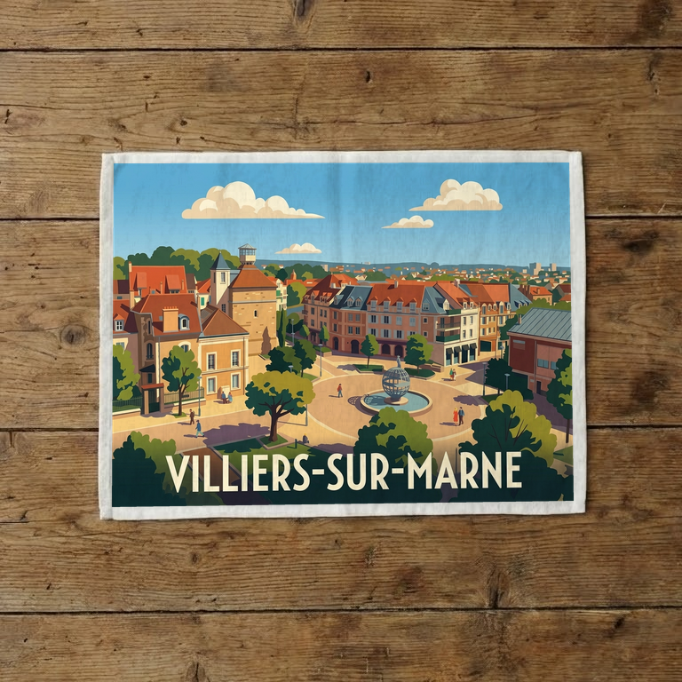 Torchon souvenir de la ville de Villiers-sur-Marne avec une illustration stylisée.