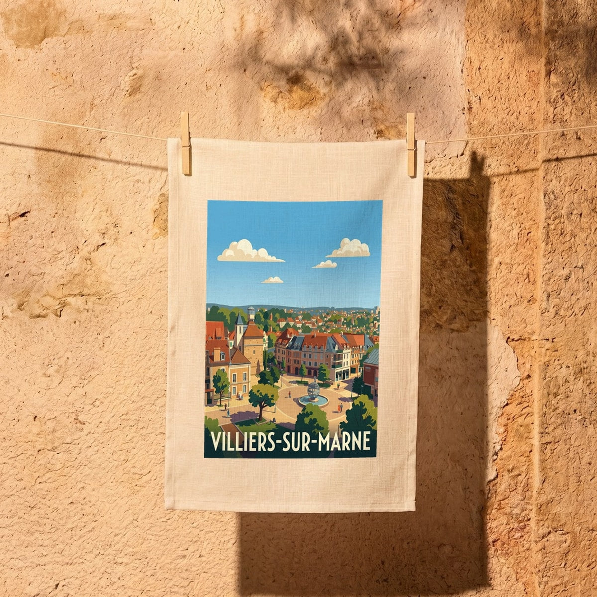 Torchon souvenir de la ville de Villiers-sur-Marne avec une illustration stylisée.