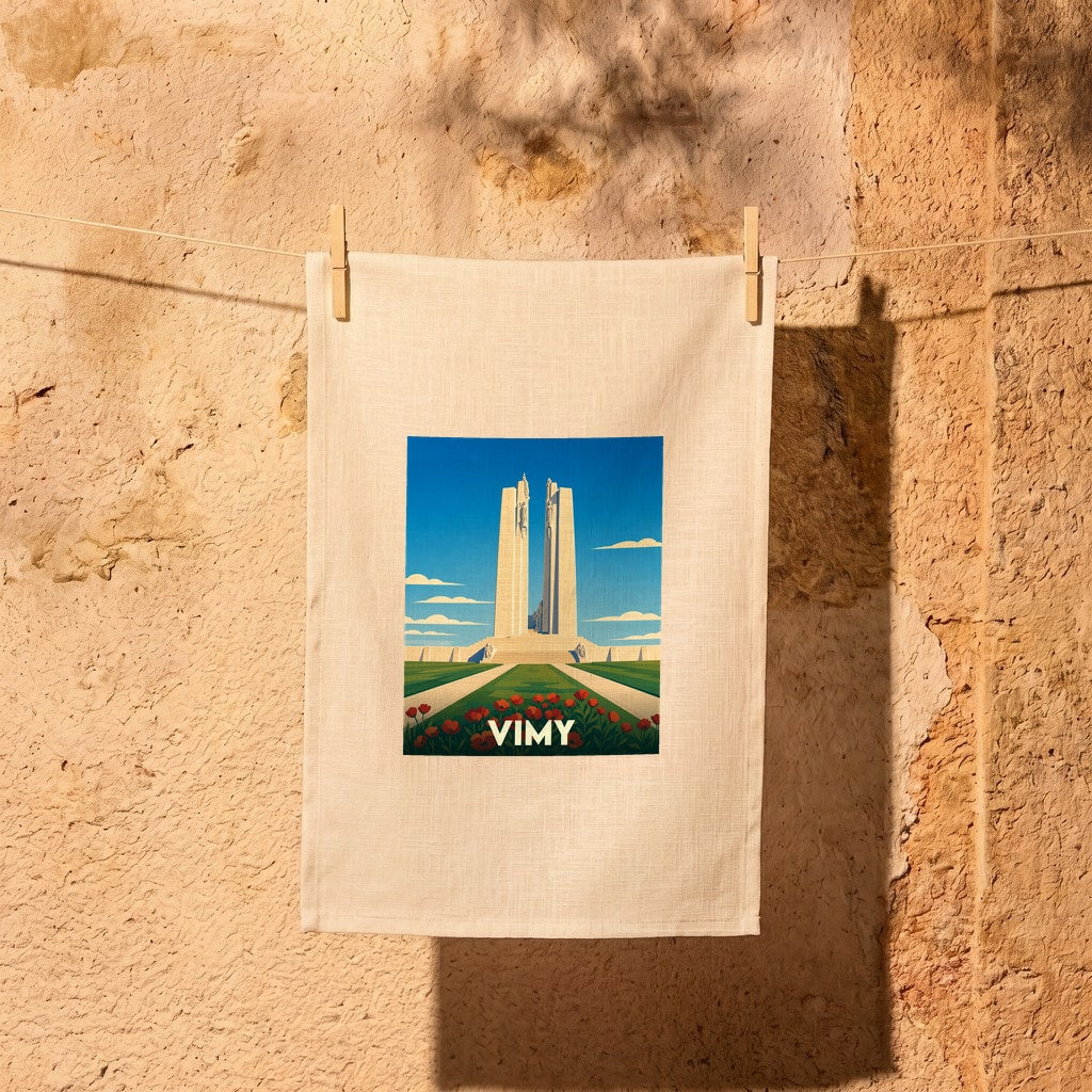 Torchon souvenir de la ville de Vimy avec une illustration stylisée du mémorial et de coquelicots.