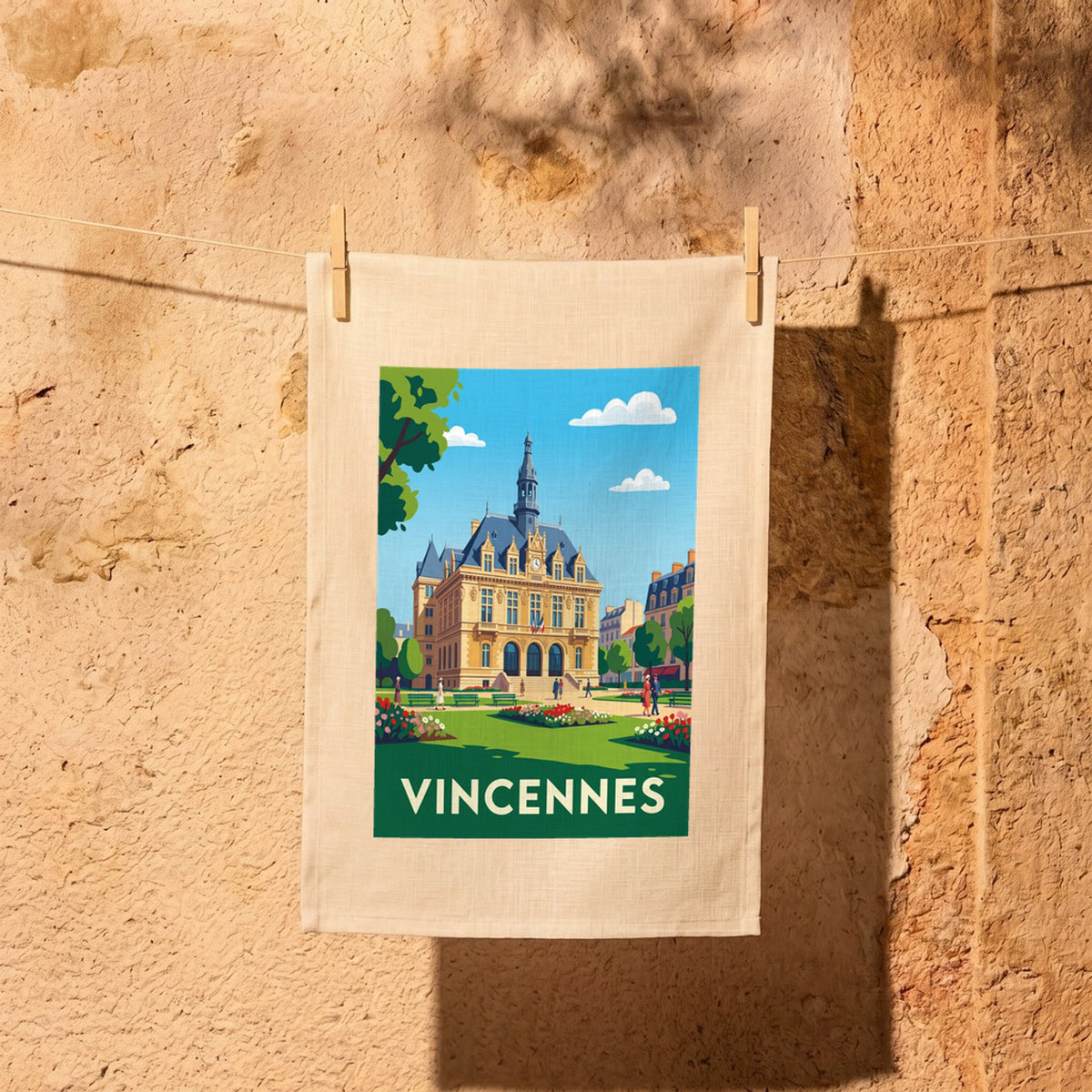 Torchon souvenir de la ville de Vincennes avec une illustration stylisée de son hôtel de ville.