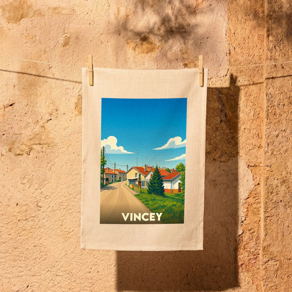 Torchon souvenir de la ville de Vincey avec une illustration stylisée de ses maisons sous un ciel bleu.