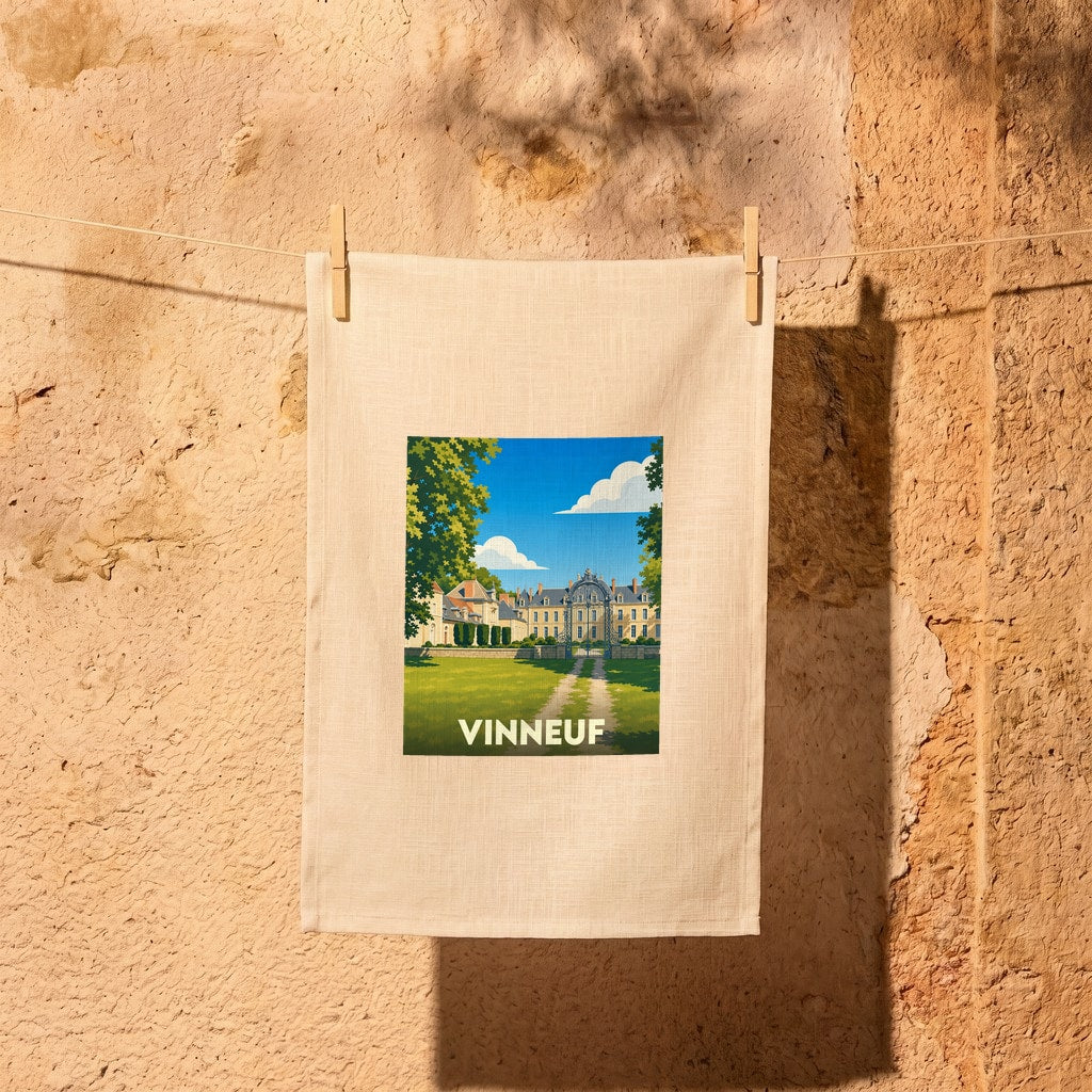 Torchon souvenir de la ville de Vinneuf avec une illustration stylisée de son château.