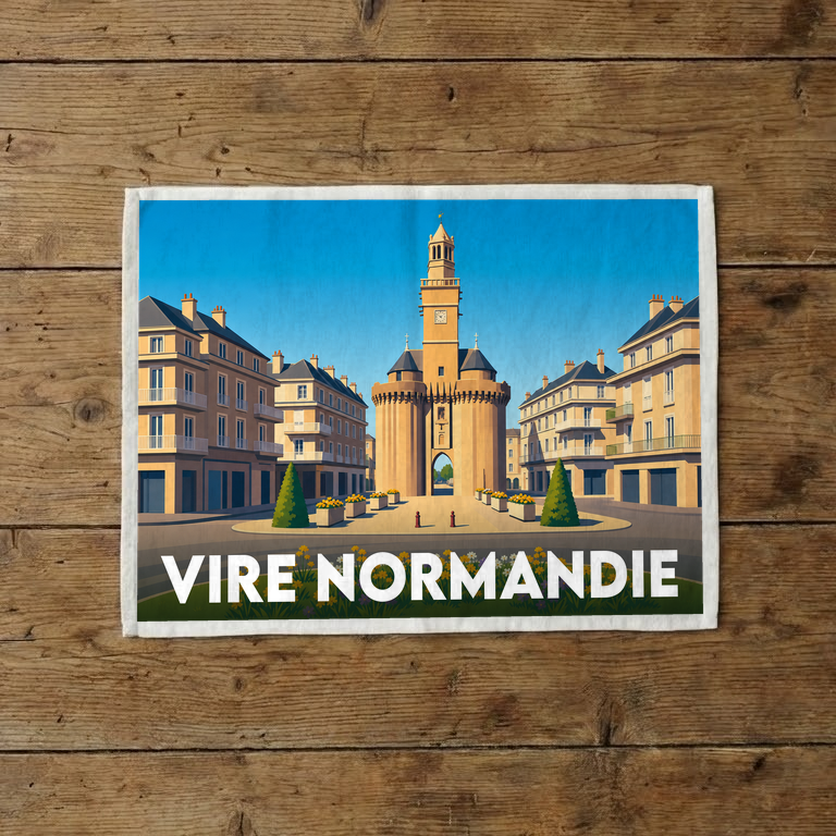 Torchon souvenir de la ville de Vire Normandie avec une illustration stylisée de la Porte Horloge.