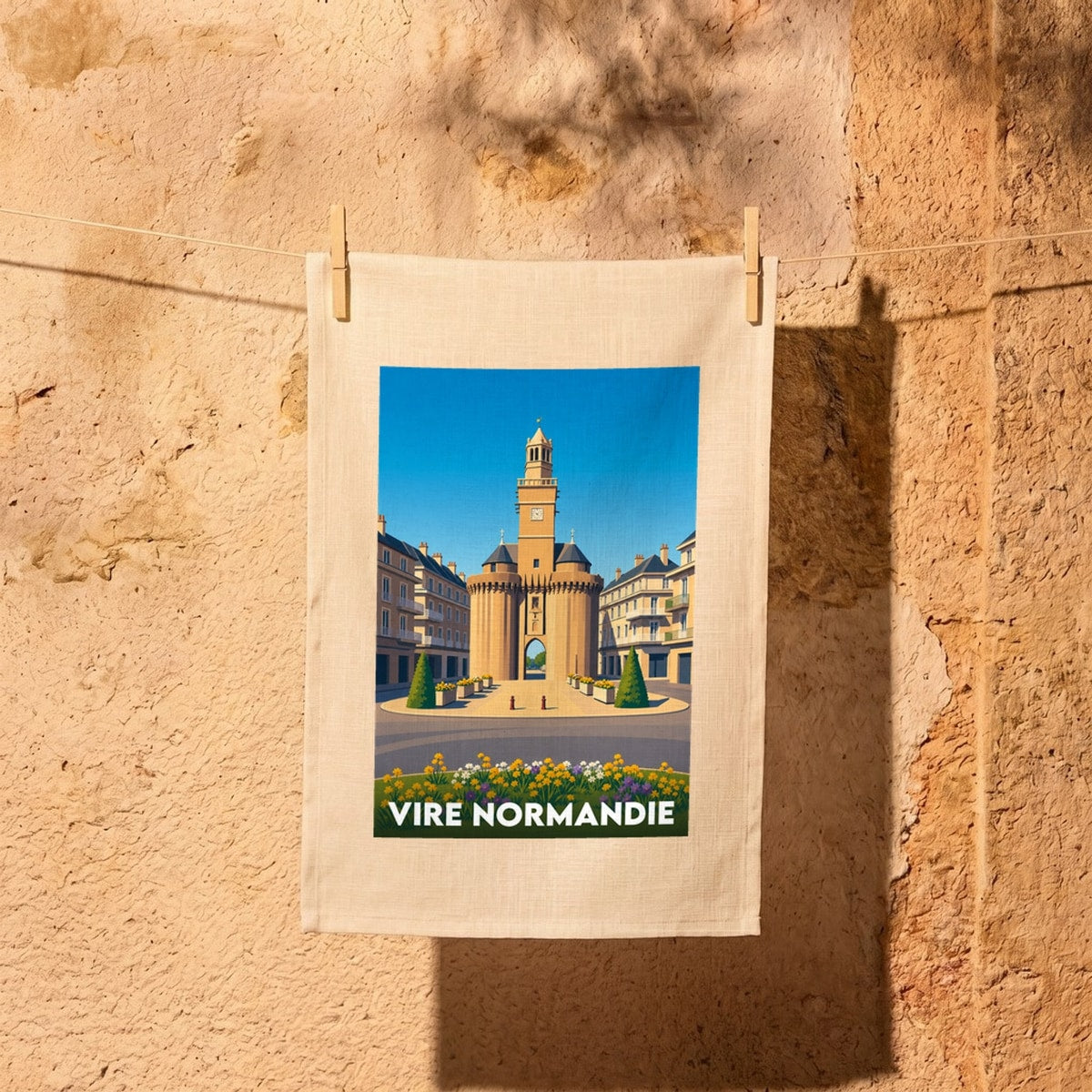 Torchon souvenir de la ville de Vire Normandie avec une illustration stylisée de la Porte Horloge.