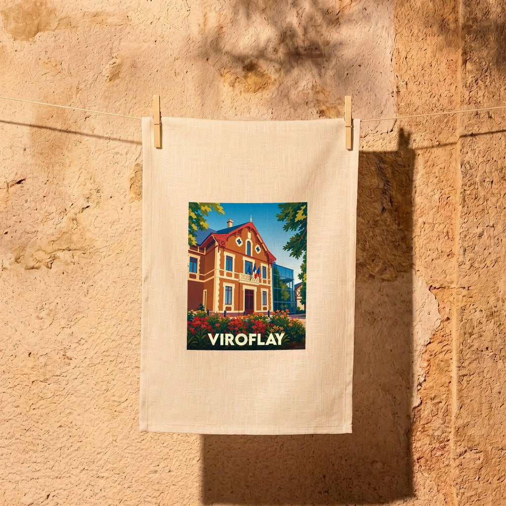 Torchon souvenir de la ville de Viroflay avec une illustration stylisée d'un bâtiment historique et de la végétation.