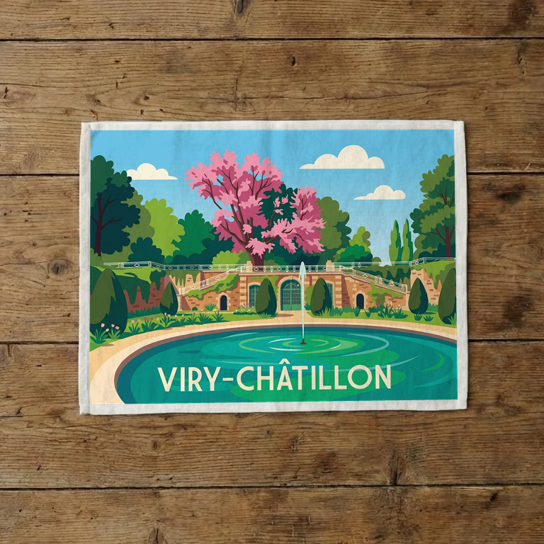 Torchon souvenir de la ville de Viry-Châtillon avec une illustration stylisée d'un jardin et d'une fontaine.