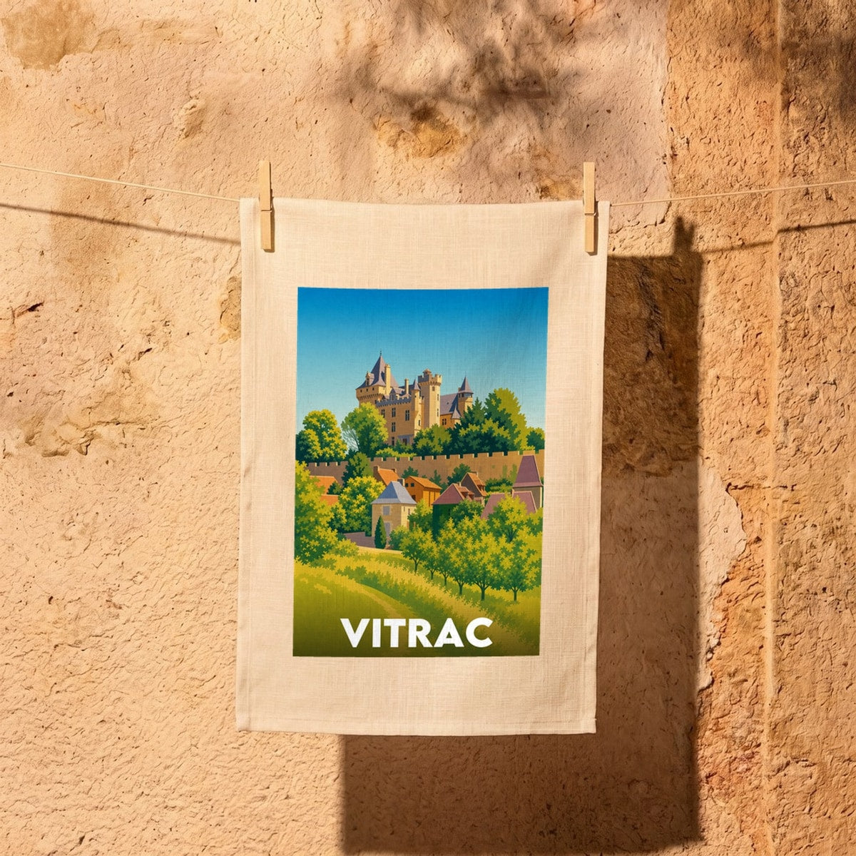 Torchon souvenir de la ville de Vitrac avec une illustration stylisée.