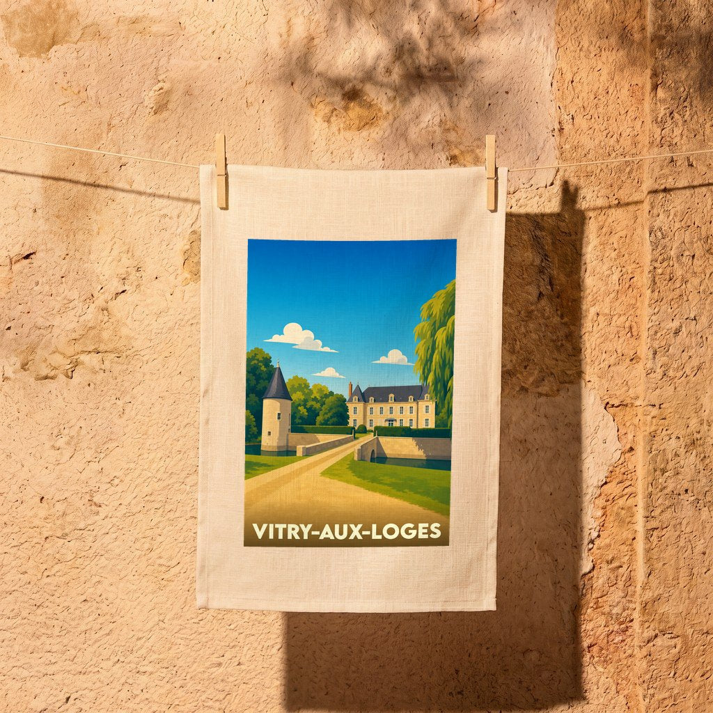 Torchon souvenir de la ville de Vitry-aux-Loges avec une illustration stylisée d'un château.