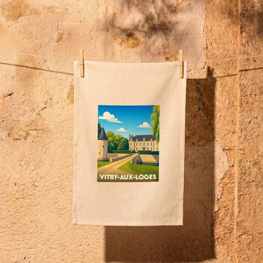 Torchon souvenir de la ville de Vitry-aux-Loges avec une illustration stylisée d'un château.