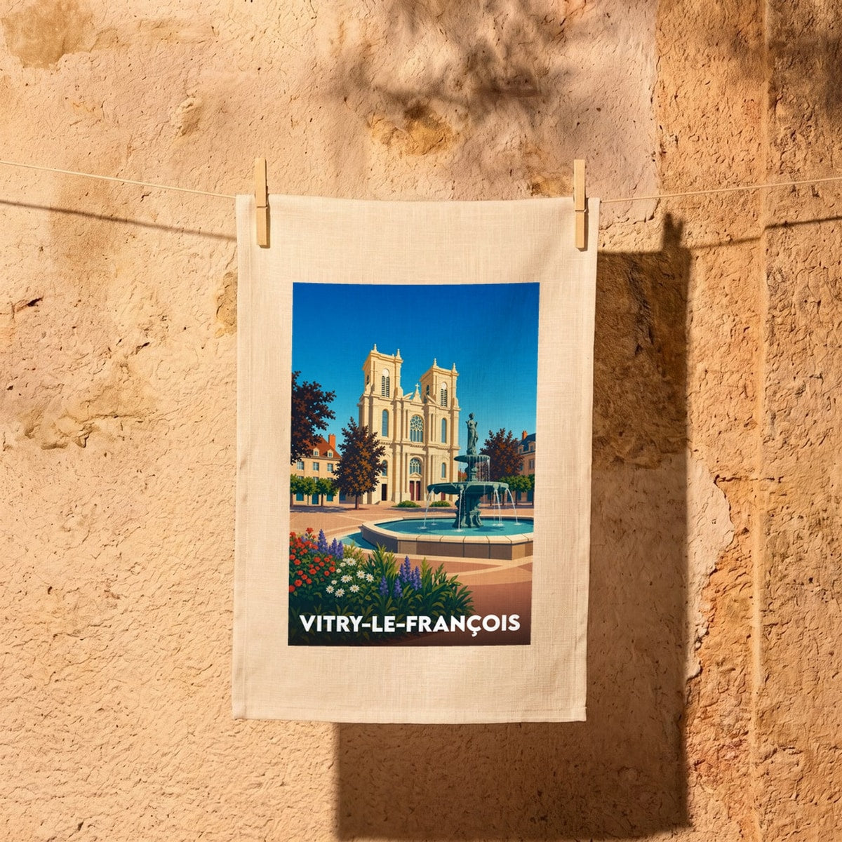 Torchon souvenir de la ville de Vitry-le-François orné d'une illustration stylisée de sa place principale et de son église.