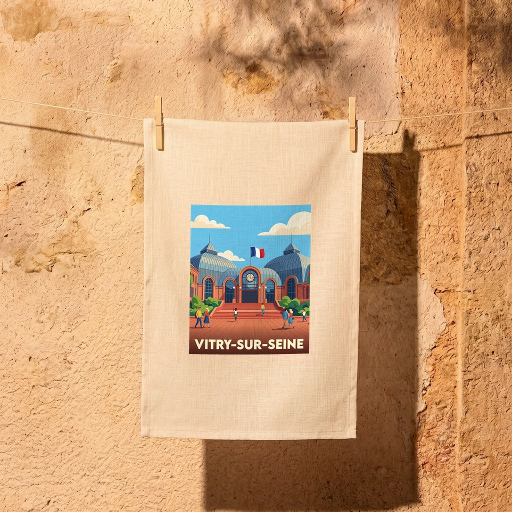 Torchon souvenir de la ville de Vitry-sur-Seine avec une illustration colorée et stylisée.
