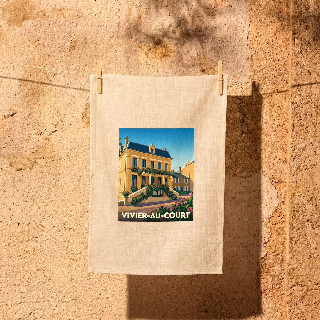 Torchon souvenir de la ville de Vivier-au-Court avec une illustration stylisée d'une maison fleurie.