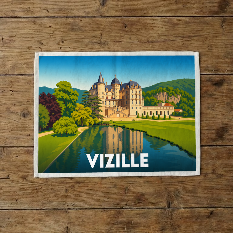 Torchon souvenir de la ville de Vizille avec une illustration stylisée de son château et de son parc.