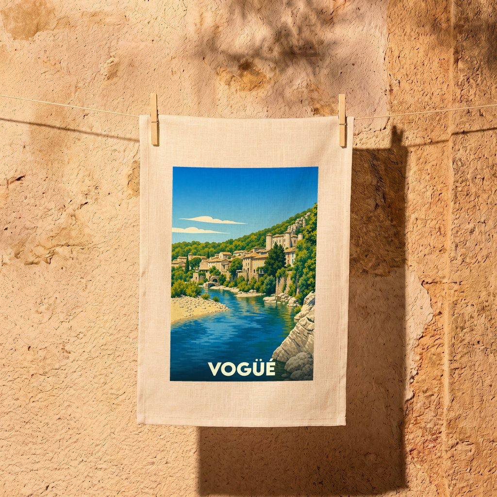 Torchon souvenir de la ville de Vogüé avec une illustration stylisée.