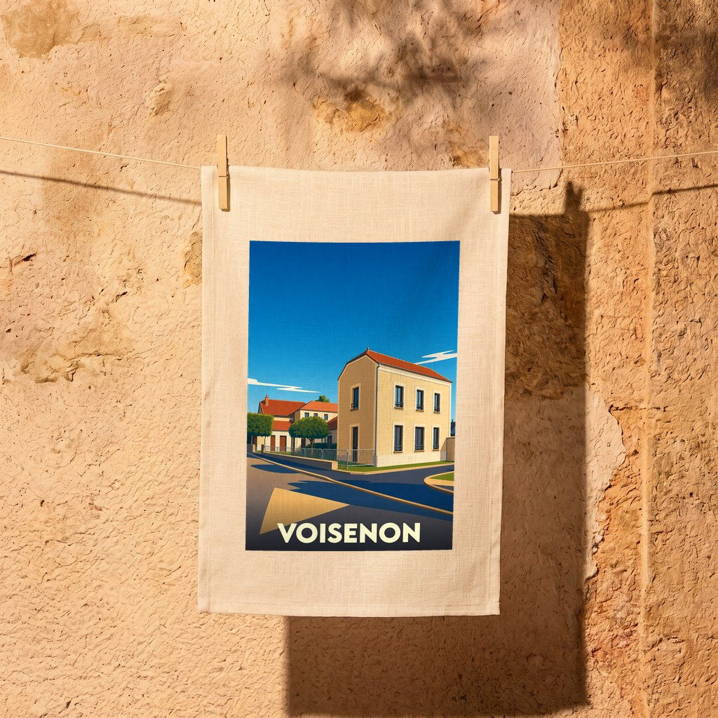 Torchon souvenir de la ville de Voisenon avec une illustration stylisée d'un paysage urbain.