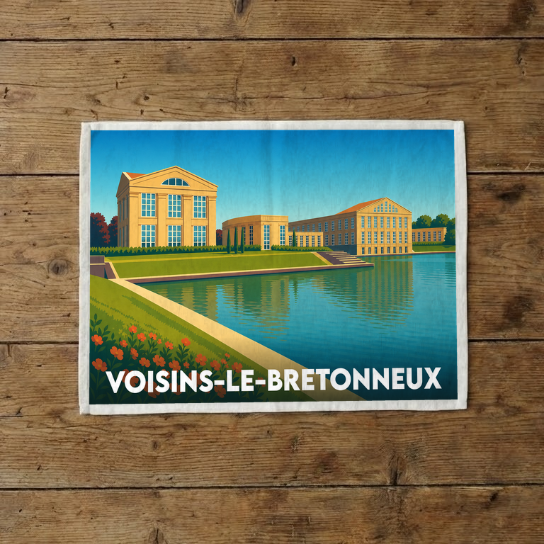 Torchon souvenir de la ville de Voisins-le-Bretonneux avec une illustration stylisée.
