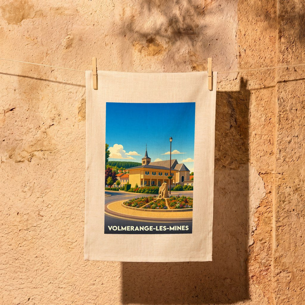 Torchon souvenir de la ville de Volmerange-les-Mines avec une illustration stylisée.