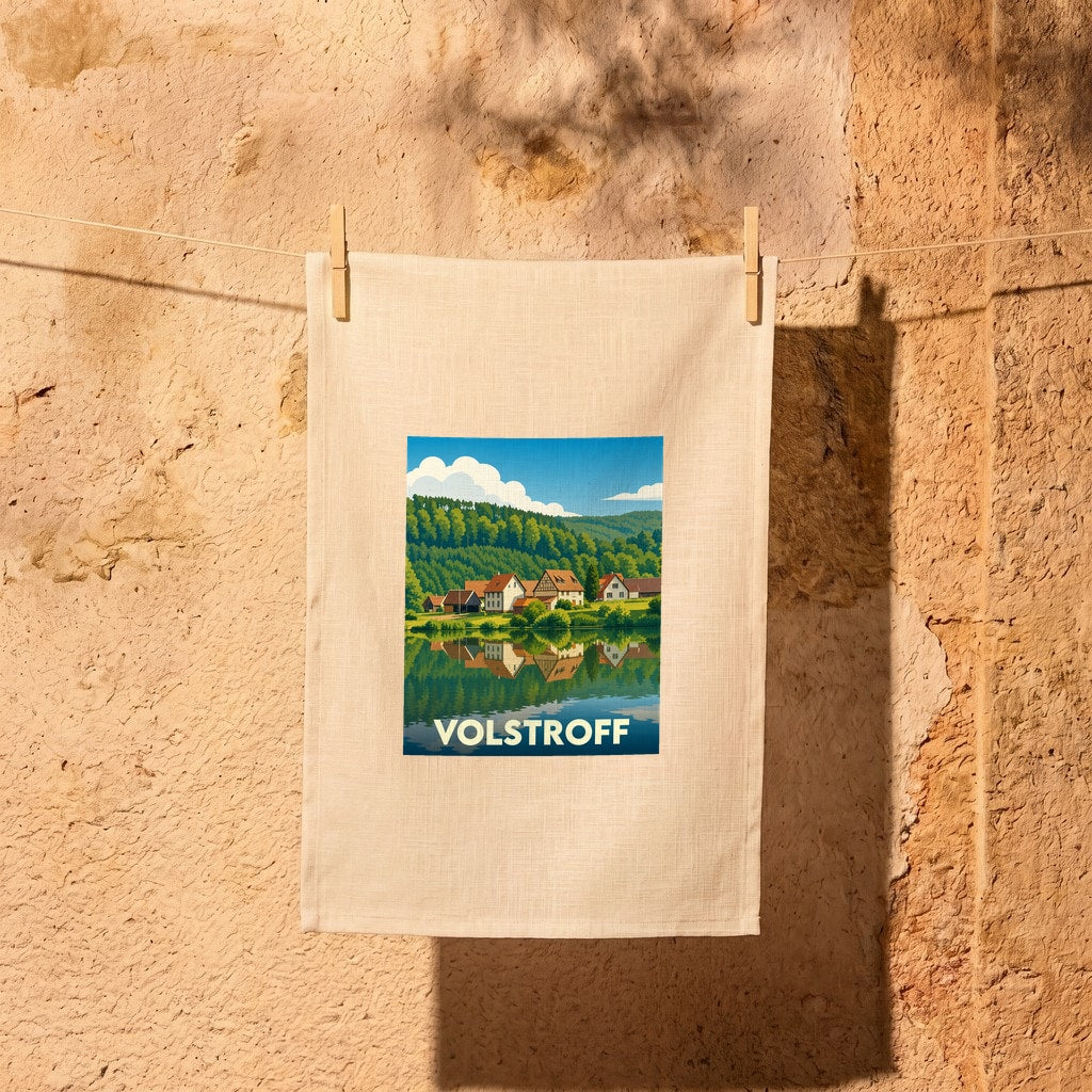 Torchon souvenir de la ville de Volstroff orné d'une illustration stylisée d'un paysage lacustre.
