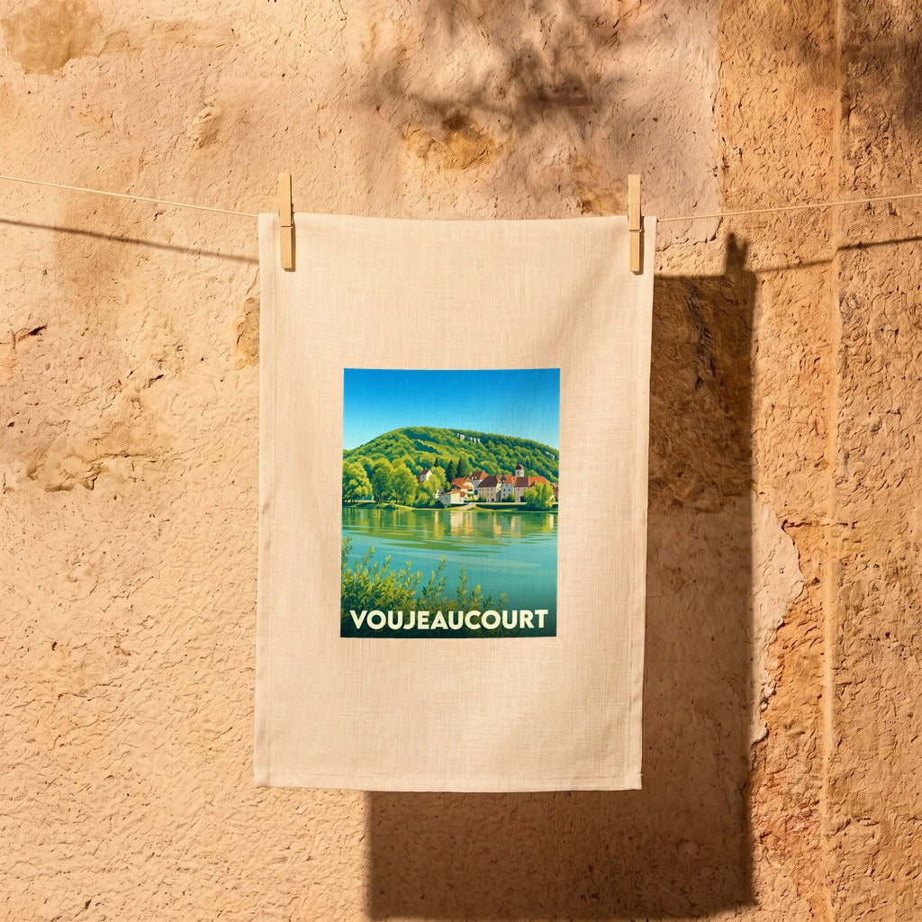 Torchon souvenir de la ville de Voujeaucourt avec une illustration stylisée de ses paysages en bord de l'eau.