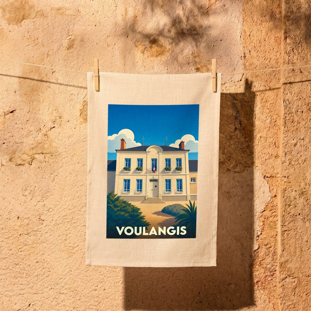 Torchon souvenir de la ville de Voulangis avec une illustration stylisée de sa mairie.