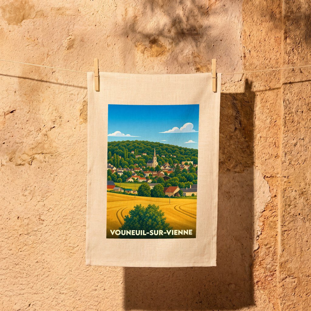 Torchon souvenir de la ville de Vouneuil-sur-Vienne avec une illustration stylisée de son paysage vallonné.