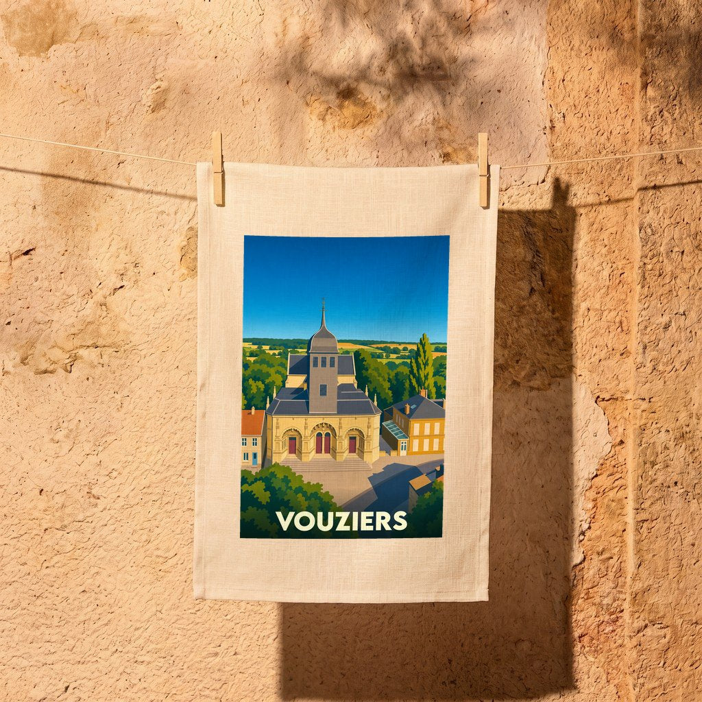 Torchon souvenir de la ville de Vouziers avec une illustration stylisée de son église emblématique.