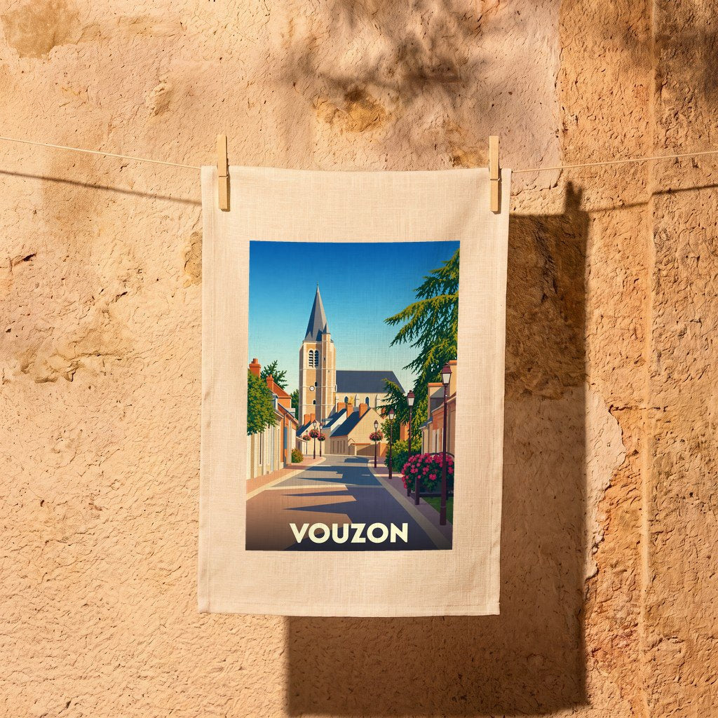 Torchon souvenir de la ville de Vouzon illustré d'une rue typique menant à son église.