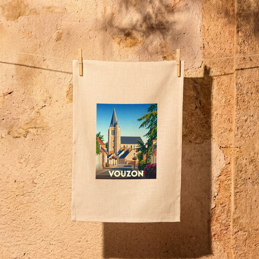Torchon souvenir de la ville de Vouzon illustré d'une rue typique menant à son église.