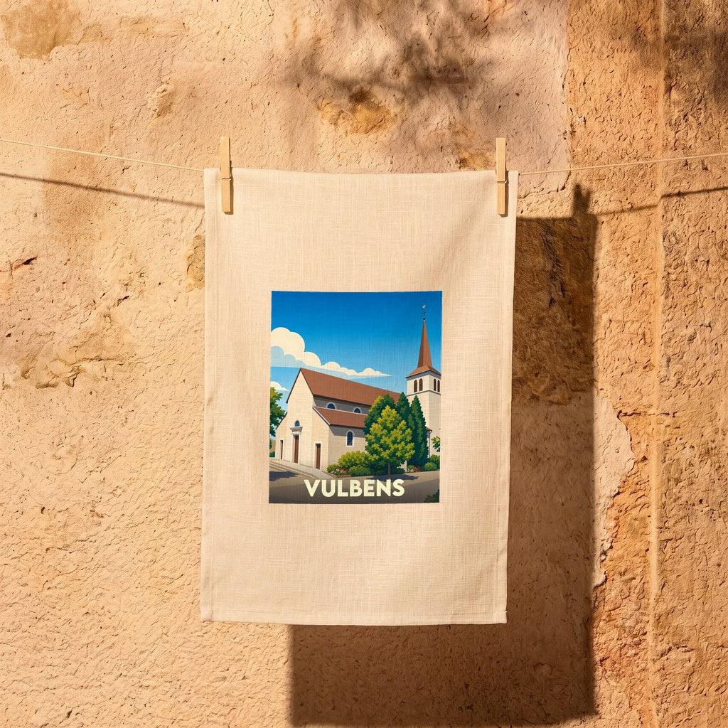 Torchon souvenir de la ville de Vulbens avec une illustration stylisée de son église sous un ciel bleu.