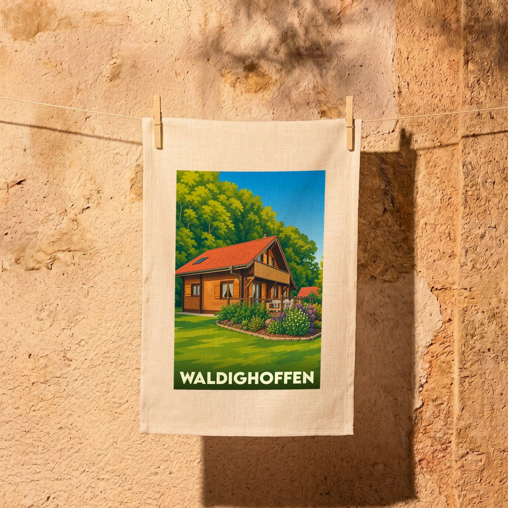 Torchon souvenir de la ville de Waldighoffen avec une illustration stylisée d'un chalet alsacien.