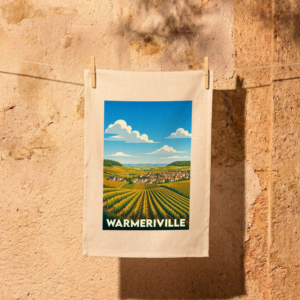 Torchon souvenir de la ville de Warmeriville orné d'une illustration stylisée de ses vignobles.
