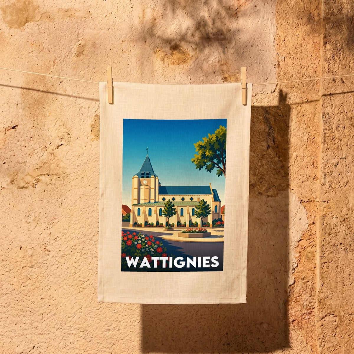 Torchon souvenir de la ville de Wattignies avec une illustration stylisée de son église.