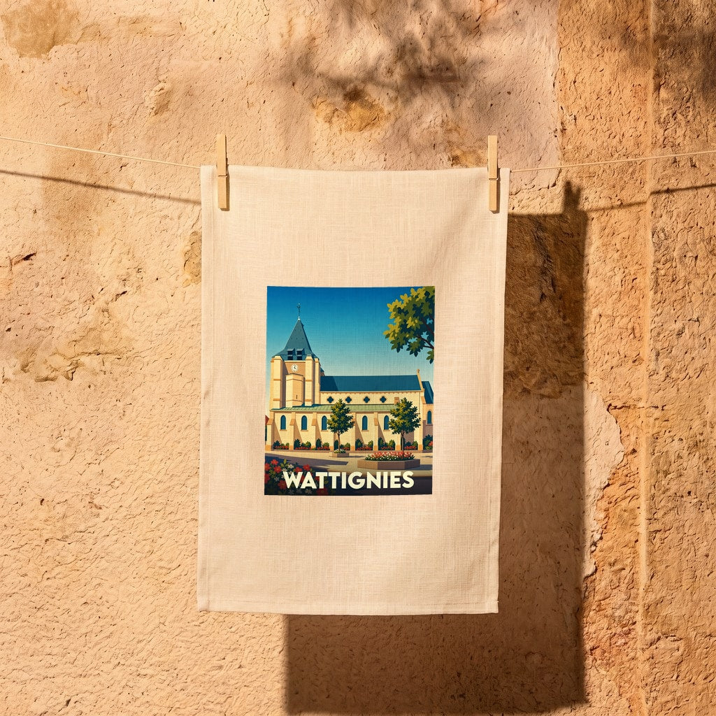 Torchon souvenir de la ville de Wattignies avec une illustration stylisée de son église.
