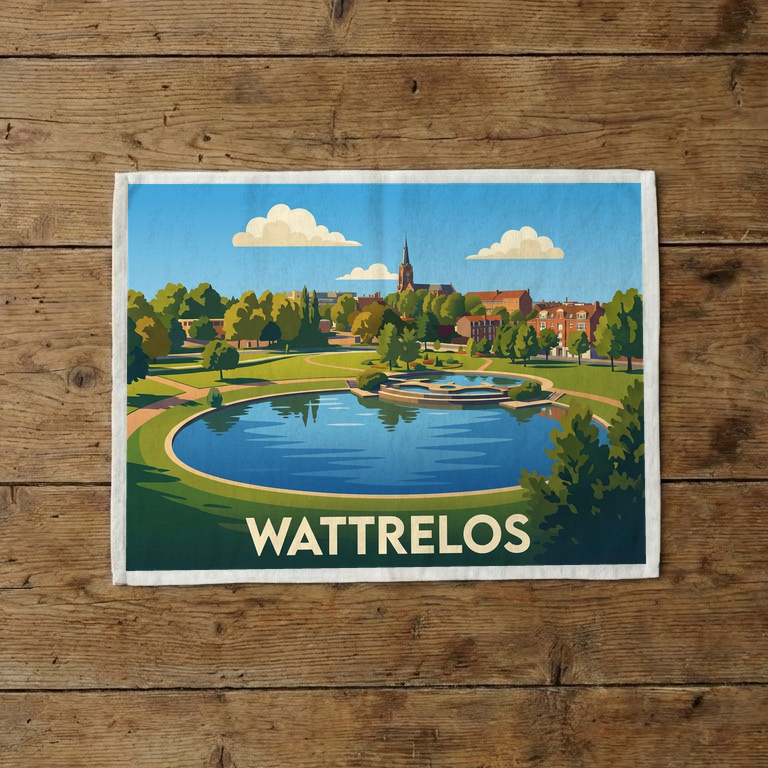 Torchon souvenir de la ville de Wattrelos avec une illustration stylisée de son parc.