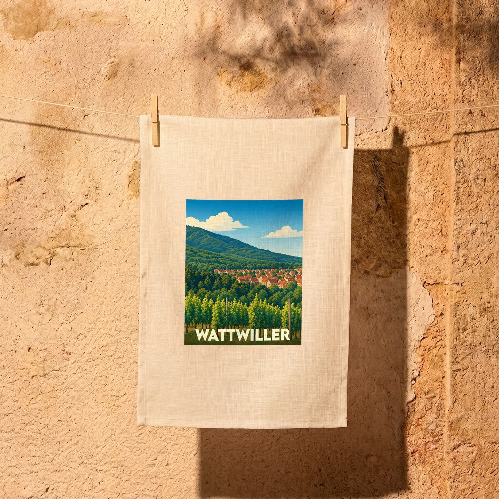 Torchon souvenir de la ville de Wattwiller avec une illustration stylisée de son paysage et de ses vignobles.