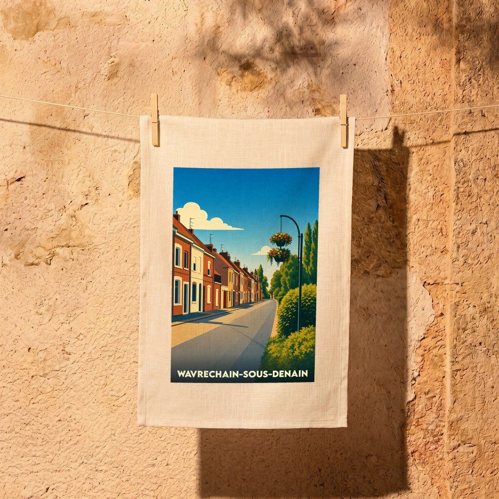 Torchon souvenir de la ville de Wavrechain-sous-Denain avec une illustration stylisée d'une rue ensoleillée.