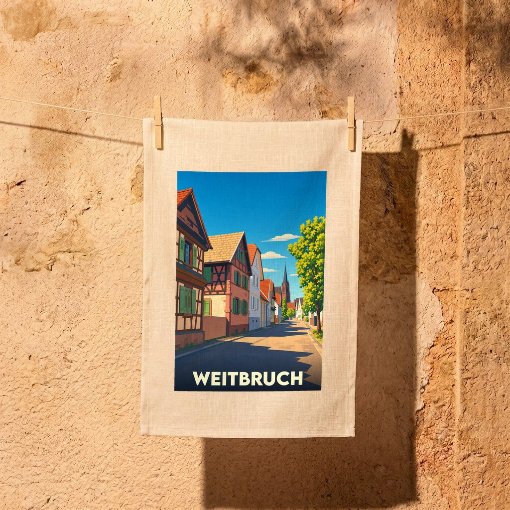 Torchon souvenir de la ville de Weitbruch illustré d'une vue stylisée de ses maisons à colombages.