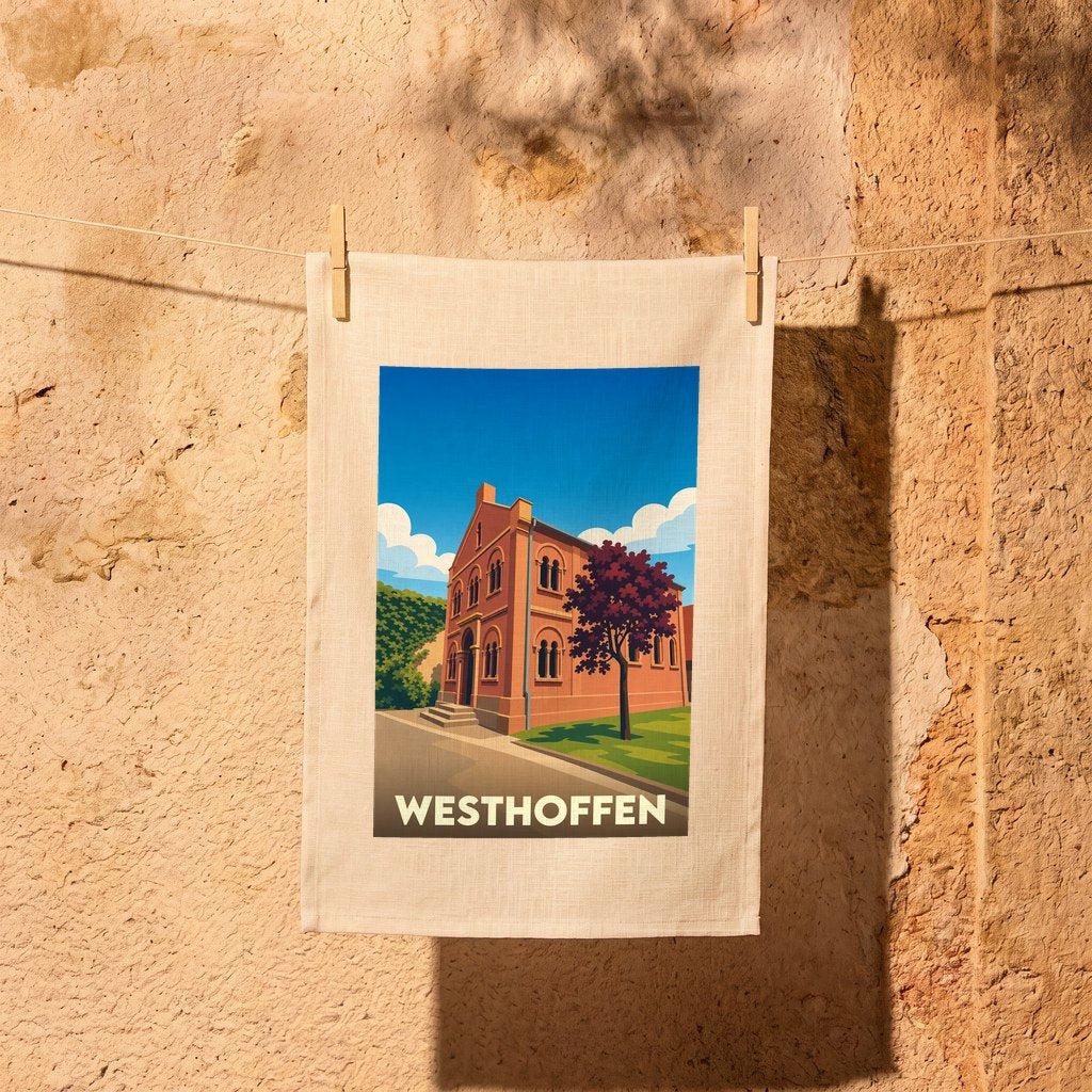 Torchon souvenir de la ville de Westhoffen avec une illustration stylisée de son architecture.