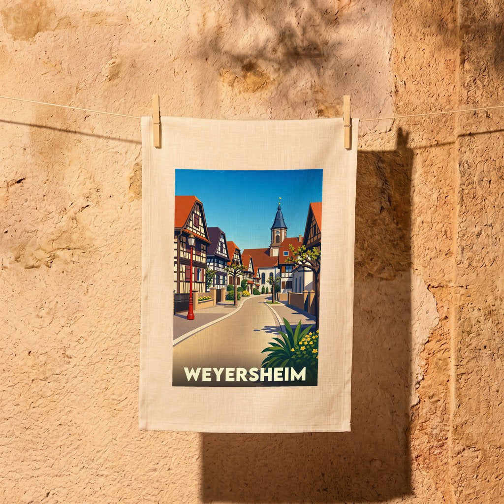 Torchon souvenir de la ville de Weyersheim avec une illustration stylisée de ses maisons à colombages.