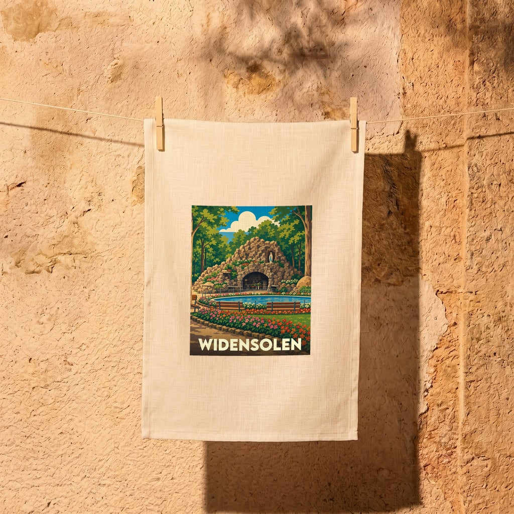 Torchon souvenir de la ville de Widensolen avec une illustration stylisée d'une grotte fleurie dans un parc.