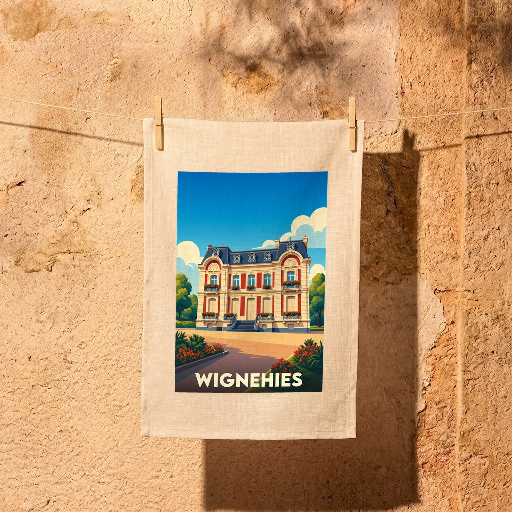 Torchon souvenir de la ville de Wignehies orné d'une illustration stylisée de son patrimoine architectural.