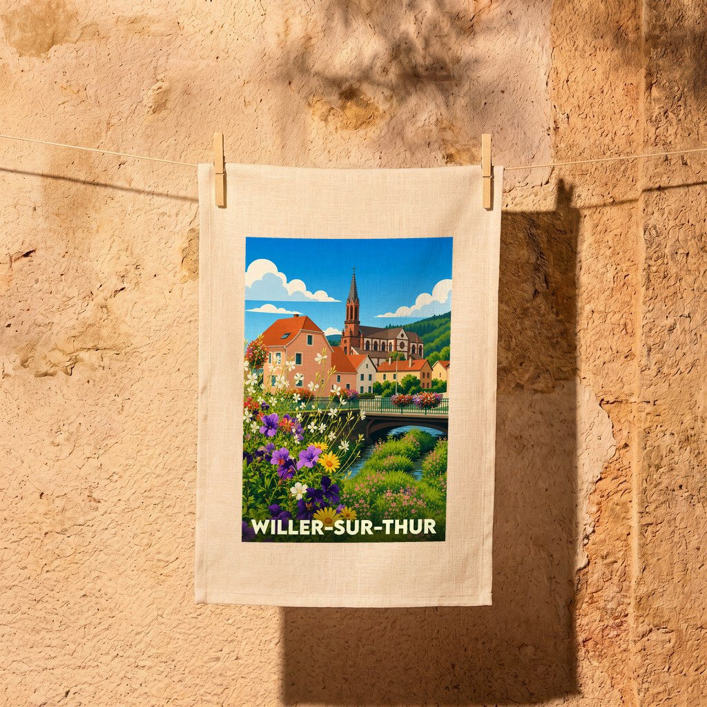 Torchon souvenir de la ville de Willer-sur-Thur avec une illustration stylisée d'un paysage urbain fleuri.