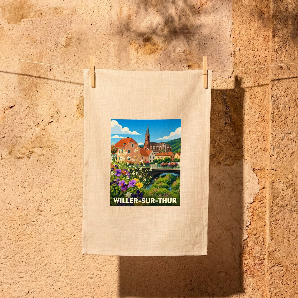 Torchon souvenir de la ville de Willer-sur-Thur avec une illustration stylisée d'un paysage urbain fleuri.