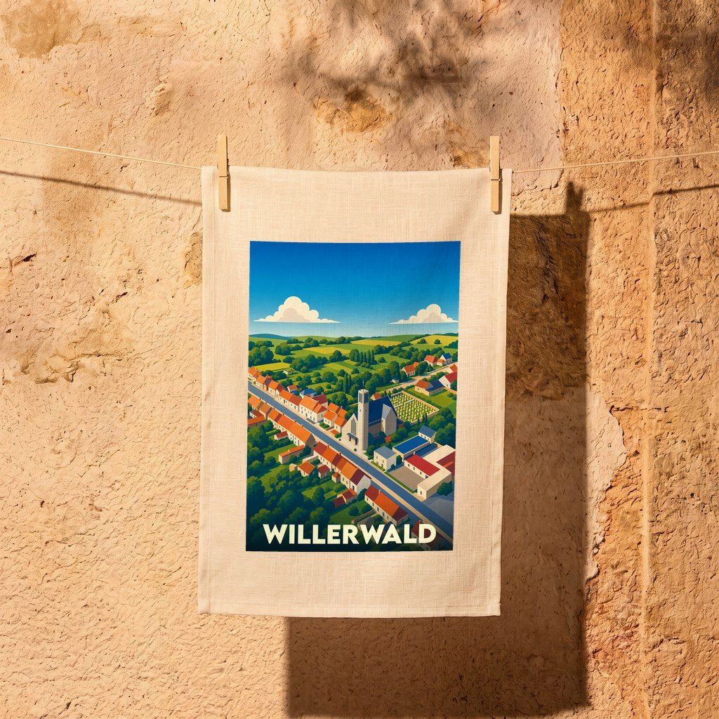 Torchon souvenir de la ville de Willerwald avec une illustration stylisée.