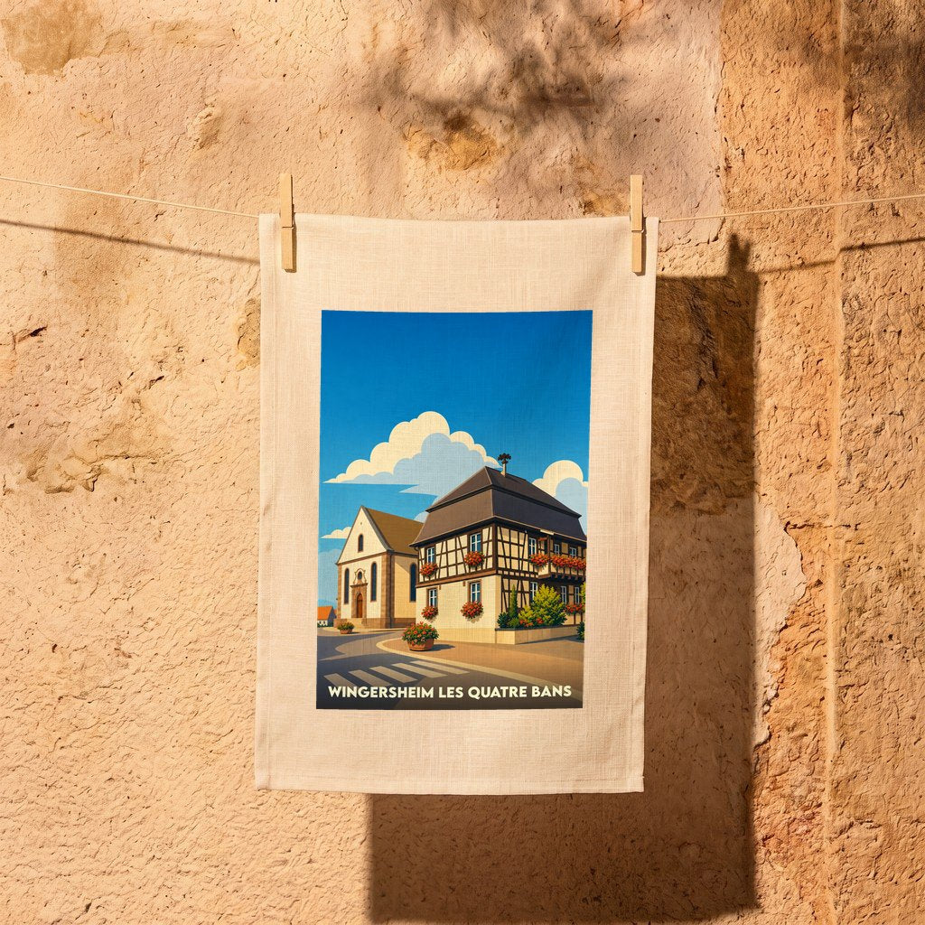 Torchon souvenir de Wingersheim les Quatre Bans avec une illustration stylisée d'une maison à colombages alsacienne.