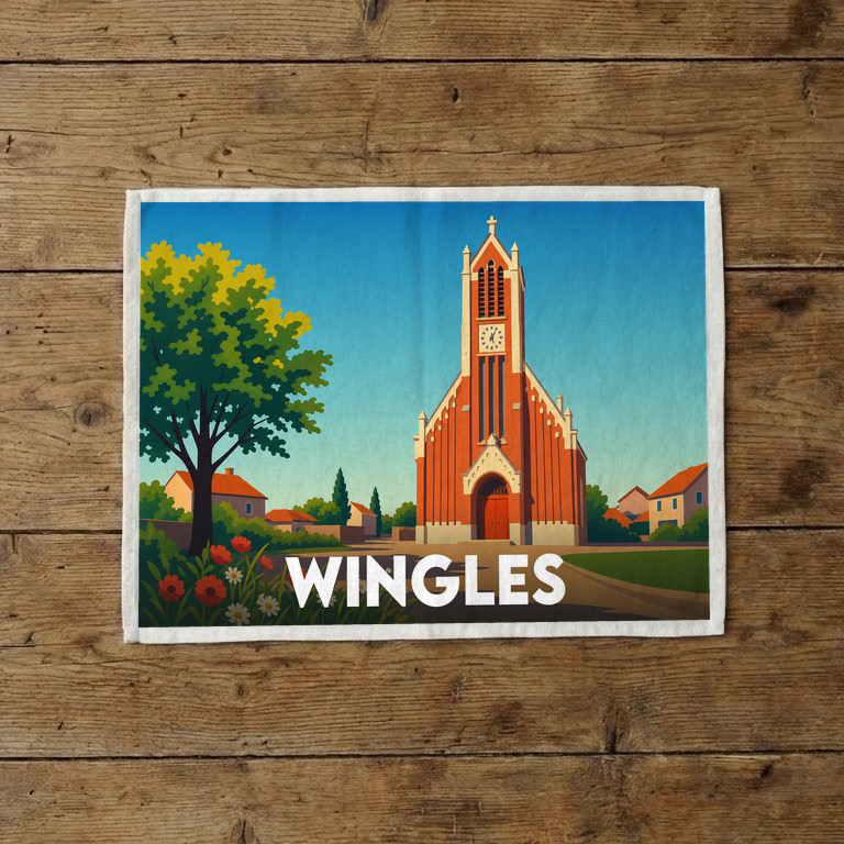Torchon souvenir de la ville de Wingles avec une illustration stylisée de son église et de ses environs.